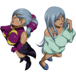 Rule 34 | 00s, 2girls, blush, breasts, code geass, dark skin, dark-skinned female, dual persona, large breasts, long hair, multiple girls, naked sweater, noka (pixiv37782), silver hair, sleeves pushed up, sweater, thighhighs, time paradox, villetta nu, yellow eyes