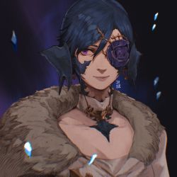 Rule 34 | 1girl, au ra, warrior of light (ff14), blue background, blue hair, choker, collarbone, commentary, dragon horns, earrings, english commentary, final fantasy, final fantasy xiv, flower in eye, fur trim, highres, horns, jewelry, josh corpuz, looking to the side, one eye covered, portrait, purple eyes, scales, short hair, signature, smile, solo, swept bangs, symbol in eye, white choker