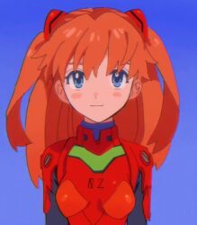Rule 34 | 1girl, 4zw89qkqagggcf7, animated, blue eyes, blush stickers, bodysuit, breasts, brown hair, floating hair, interface headset, long hair, looking at viewer, lowres, medium breasts, neon genesis evangelion, pilot suit, plugsuit, red bodysuit, skin tight, smile, solo, souryuu asuka langley, tagme, twintails, two side up, video, wide hips
