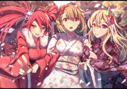 Rule 34 | 3girls, arm hug, asymmetrical bangs, blonde hair, blush, braid, brown hair, day, earrings, floral print, flower, girl sandwich, hair between eyes, hair flower, hair ornament, japanese clothes, jewelry, kimono, lao meng, long hair, long sleeves, looking at viewer, multiple girls, new year, obi, open mouth, orange eyes, outdoors, petals, red eyes, red hair, sandwiched, sash, short hair, starly girls, twintails, v, wide sleeves