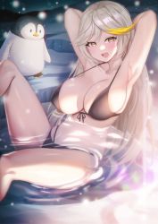 Rule 34 | 1girl, armpits, arms behind head, arms up, bikini, bird, black bikini, blonde hair, blurry, blurry foreground, blush, breasts, brown eyes, cleavage, collarbone, front-tie bikini top, front-tie top, hair flaps, highres, large breasts, laughing, leaning back, long hair, looking at viewer, multi-strapped bikini, multicolored hair, open mouth, original, partially submerged, penguin, picter, sitting, solo, streaked hair, swimsuit, thighs, water