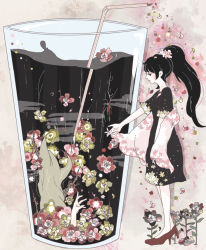 Rule 34 | 1girl, asphyxiation, bad feet, black hair, crack, cup, dress, drinking glass, drinking straw, drowning, finger gun, flower, ginkou (atmzh), grey hair, high heels, jewelry, long hair, necklace, original, petals, ponytail, refraction, solo focus