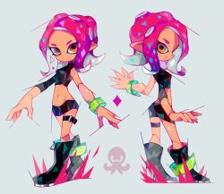 Rule 34 | 1girl, agent 8 (splatoon), amakusa (hidorozoa), ankle boots, boots, closed mouth, high heel boots, high heels, leg belt, looking at viewer, microskirt, multiple views, navel, nintendo, octoling, octoling girl, octoling player character, orange eyes, pink hair, pointy ears, skirt, smile, splatoon (series), splatoon 2, standing, tentacle hair, wristband