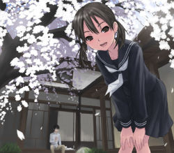 Rule 34 | 1boy, 1girl, cat, cherry blossoms, glasses, reading, school uniform, serafuku, shimano natsume, twintails, veranda