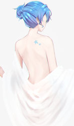Rule 34 | 1girl, back, back focus, back tattoo, blue hair, facing away, from behind, hair bun, highres, hololive, hoshimachi suisei, naked towel, saco (cgmore), simple background, single hair bun, solo, star tattoo, tattoo, towel, virtual youtuber, white background