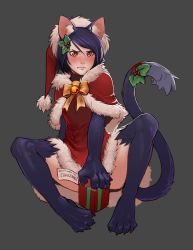 Rule 34 | 1girl, animal ears, animal hands, bell, blue hair, blush, bow, bowtie, capelet, cat ears, cat tail, christmas, claws, closed mouth, convenient censoring, dress, embarrassed, english text, fur, fur trim, furrowed brow, gift, grey background, hair between eyes, hat, highres, jingle bell, less, looking at viewer, monster girl, no panties, original, red capelet, red dress, red hat, santa costume, santa hat, short dress, short hair, simple background, solo, spread legs, tail, tail ornament, yellow bow, yellow bowtie