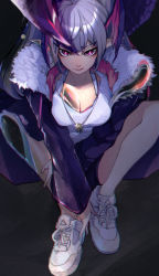 Rule 34 | 1girl, absurdres, arknights, breasts, chromatic aberration, cleavage, commentary, film grain, fur-trimmed jacket, fur trim, fuyukayui, head wings, highres, jacket, jewelry, long sleeves, manticore (arknights), medium breasts, necklace, open clothes, open jacket, pointy ears, purple eyes, purple hair, purple jacket, shirt, shoes, sneakers, solo, tail, white footwear, white shirt, wings