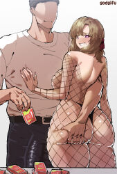 1boy 1girl :d ass ass_grab backboob blush breasts fishnets gimpalo grabbing_another&#039;s_ass grin groping huge_ass looking_at_viewer looking_back mature_female motherly_netorare oosuki_mamako open_mouth smile sweatdrop thong tsuujou_kougeki_ga_zentai_kougeki_de_ni-kai_kougeki_no_okaasan_wa_suki_desu_ka?