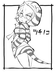 Rule 34 | 1girl, :3, animal ears, bow, bowtie, closed mouth, cowboy shot, framed, greyscale, hair between eyes, hands in pockets, hood, hoodie, kemono friends, long sleeves, looking at viewer, monochrome, neck ribbon, outside border, ribbon, short hair, simple background, smile, snake tail, solo, standing, striped clothes, striped hoodie, striped tail, tail, tsuchinoko (kemono friends), white background, zubatto (makoto)