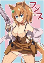 Rule 34 | 1girl, alternate costume, animal ears, bare shoulders, belt, blue eyes, blush, breasts, brown corset, cleavage, closed mouth, collarbone, commentary request, corset, gun, handgun, highres, holster, holstered, horse ears, horse tail, looking at viewer, medium breasts, medium hair, revolver, simple background, smile, taiki shuttle (umamusume), tail, thighhighs, umamusume, wahiko (black bastard), weapon