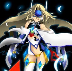 Rule 34 | 1girl, arm blade, bad id, bad pixiv id, bare shoulders, blazblue, blue eyes, breasts, cape, center opening, crotch plate, ear protection, elbow gloves, fingernails, forehead protector, gem, gloves, headgear, highres, long hair, midi hazapero, mu-12, petals, sharp fingernails, solo, symbol-shaped pupils, thighhighs, torn clothes, underboob, weapon