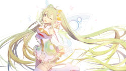 Rule 34 | 1girl, boots, bug, butterfly, detached sleeves, fairy wings, flower, frilled sleeves, frills, goodsmile company, goodsmile racing, green hair, hair flower, hair ornament, hand on own hip, hatsune miku, high heel boots, high heels, bug, leg up, lengchan (fu626878068), long hair, one eye closed, open mouth, simple background, smile, solo, thigh strap, twintails, v, very long hair, vocaloid, white background, wings