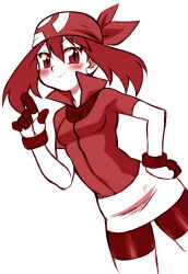 Rule 34 | 1girl, bandana, bike shorts, bike shorts under skirt, blush, breasts, closed mouth, cowboy shot, creatures (company), game freak, gloves, hair between eyes, hand on own hip, hand up, high collar, highres, legs apart, long hair, looking at viewer, may (pokemon), miniskirt, nakagami takashi, nintendo, pokemon, pokemon rse, red theme, shirt, short sleeves, simple background, skirt, small breasts, smile, solo, standing, white background