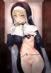 Rule 34 | 1girl, belly chain, black dress, blush, breasts, brown eyes, cross, cross pasties, dress, female pubic hair, gloves, habit, highres, jewelry, light brown hair, long hair, long sleeves, looking at viewer, navel piercing, nijisanji, nun, open clothes, open dress, open mouth, pasties, piercing, profanity, pubic hair, ribbon, rir0 updown, sister claire, sister claire (1st costume), smile, solo, stomach, sweat, tape, tape on nipples, virtual youtuber, white gloves