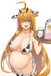 Rule 34 | 1girl, ;d, absurdres, ahoge, animal ears, animal print, aqua eyes, bikini, blush, breasts, collarbone, commentary request, cow ears, cow horns, cow print, ear tag, fake animal ears, female focus, glass, goumudan, gradient background, hairband, highres, holding, holding tray, horns, large breasts, long hair, looking at viewer, milk, milk carton, navel, one eye closed, open mouth, orange hair, pecorine (princess connect!), pregnant, princess connect!, print bikini, print thighhighs, smile, solo, swimsuit, thighhighs, tray, underboob, very long hair, white background, white hairband, white thighhighs, wink