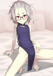 Rule 34 | 1girl, bare arms, bare legs, bare shoulders, barefoot, bed, black-framed eyewear, black dress, blush, canopy bed, china dress, chinese clothes, closed mouth, commentary request, curtains, dress, fang, fang out, flying sweatdrops, forehead, glasses, grey hair, highres, looking at viewer, no panties, ogami kazuki, on bed, original, pelvic curtain, pillow, pointy ears, red eyes, sleeveless, sleeveless dress, solo, spread legs, squatting, sweat