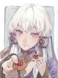 Rule 34 | 1girl, border, closed mouth, cookie, eula rito, eyelashes, fire emblem, fire emblem: three houses, food, food on face, grey background, hair ornament, highres, holding, holding food, long hair, lysithea von ordelia, nintendo, outside border, reaching, reaching towards viewer, red eyes, smile, solo, tassel, tassel hair ornament, upper body, white border, white hair