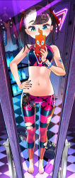 Rule 34 | 1girl, absurdres, arm tattoo, barefoot, black nails, blush, boots, brown hair, checkered floor, commentary, creatures (company), dress, dynamax band, earrings, eyelashes, game freak, gen 4 pokemon, gloves, green eyes, hair ribbon, hand on own hip, hand up, highres, holding, holding phone, indoors, jacket, jewelry, leggings, marnie (pokemon), midriff, mirror, nail polish, navel, neon lights, nintendo, phone, pokemon, pokemon (creature), pokemon swsh, red ribbon, reflection, ribbon, rotom, rotom phone, selfie, standing, tattoo, tm (hanamakisan), toes, torn clothes, torn legwear, unworn boots, unworn dress, unworn gloves, unworn jacket