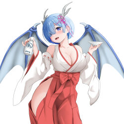Rule 34 | 1girl, 2024, absurdres, alternate costume, blue eyes, blue hair, bottle, breasts, chinese zodiac, cleavage, commentary request, commission, dragon girl, dragon horns, dragon wings, female focus, gibun (sozoshu), hakama, highres, holding, holding bottle, horns, japanese clothes, kimono, large breasts, looking at viewer, matching hair/eyes, miko, pixiv commission, re:zero kara hajimeru isekai seikatsu, red hakama, rem (re:zero), revealing clothes, solo, wings, year of the dragon