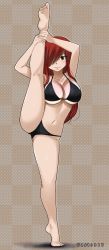 Rule 34 | 1girl, absurdres, bikini, black bikini, blush, breasts, brown eyes, erza scarlet, fairy tail, gaston18, hair over one eye, highres, large breasts, leg up, lips, long hair, looking at viewer, ponytail, red hair, simple background, smile, solo, standing, standing on one leg, swimsuit, tattoo, thick thighs, thighs