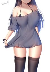 Rule 34 | 1girl, bare shoulders, black hair, black thighhighs, breasts, cleavage, closed mouth, collarbone, dress, grey dress, head out of frame, highres, large breasts, long hair, off-shoulder dress, off shoulder, original, short dress, simple background, smile, solo, thighhighs, thighs, white background, wsman