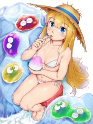 Rule 34 | 1girl, :3, bare arms, bare legs, bare shoulders, barefoot, bikini, blonde hair, blue eyes, blush, breasts, brown hat, closed mouth, collarbone, food, hair between eyes, hat, highres, looking at viewer, madou monogatari, navel, orizen, puyo (puyopuyo), puyopuyo, sega, shaved ice, side-tie bikini bottom, simple background, sitting, small breasts, solo, stool, straight hair, straw hat, swimsuit, thighs, white background, white bikini, witch (puyopuyo)