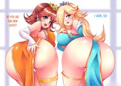 Rule 34 | 2girls, absurdres, alternate costume, ass, bent over, blonde hair, blue eyes, breasts, brown hair, clothing cutout, come hither, crown, detached sleeves, dress, earrings, english text, from behind, hair over one eye, hand on own ass, hand on own chest, highres, huge ass, jewelry, large breasts, leaning forward, legs, lipstick, long hair, looking at viewer, looking back, makeup, mario (series), multiple girls, nintendo, open mouth, pelvic curtain, princess, princess daisy, rosalina, seductive smile, short hair, sideboob, smile, sugarbell, super mario galaxy, super mario land, text focus, thick thighs, thighs, underboob, underboob cutout