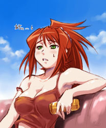 Rule 34 | 00s, 1girl, breasts, cleavage, green eyes, lowres, maruto!, my-hime, red hair, solo, strap slip, sugiura midori, sweat, tank top