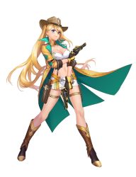 Rule 34 | 1girl, artist request, blonde hair, blue eyes, boots, breasts, cleavage, coat, cowboy hat, cuffs, detached collar, dual wielding, full body, gloves, gun, handcuffs, handgun, hat, highres, holding, holster, lips, long coat, long hair, looking at viewer, medium breasts, midriff, miniskirt, navel, official art, pencil skirt, revolver, sheriff badge, skirt, sleeves rolled up, smile, solo, standing, tenshi mikadokuni, transparent background, trigger discipline, twintails, weapon