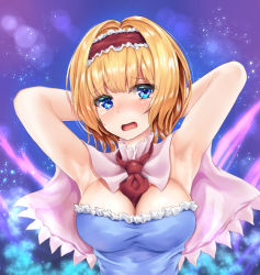 Rule 34 | 1girl, alice margatroid, armpits, arms behind back, between breasts, blonde hair, blue dress, blue eyes, blush, breasts, capelet, cleavage, dress, embarrassed, frilled dress, frilled hairband, frills, hairband, head tilt, kaeranu kaeru, lens flare, light particles, looking at viewer, medium breasts, necktie, necktie between breasts, nose blush, open mouth, pink capelet, red hairband, red necktie, short hair, solo, strapless, strapless dress, touhou, upper body