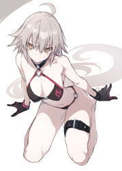 Rule 34 | 10mo, 1girl, ahoge, bare arms, bare legs, bare shoulders, barefoot, belt, bikini, black belt, black bikini, black gloves, blush, breasts, cleavage, closed mouth, collarbone, fate/grand order, fate (series), foot out of frame, full body, gloves, hair between eyes, halterneck, highres, jeanne d&#039;arc alter (fate), jeanne d&#039;arc alter (swimsuit berserker) (fate), large breasts, leg belt, legs, long hair, looking at viewer, navel, o-ring, o-ring bikini, seiza, sidelocks, simple background, sitting, solo, stomach, swimsuit, v-shaped eyebrows, very long hair, white hair, yellow eyes