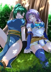 Rule 34 | 2girls, absurdres, against tree, black gloves, blue dress, blue gloves, blue thighhighs, boots, breasts, commission, dappled sunlight, dress, elbow gloves, fingerless gloves, fire emblem, fire emblem: the blazing blade, florina (fire emblem), gloves, grass, green hair, high ponytail, highres, holding hands, kisaragi setsu (mssk8485), large breasts, long hair, lyn (fire emblem), multiple girls, nintendo, on ground, open mouth, outdoors, panties, pantyshot, pelvic curtain, pixiv commission, ponytail, short sleeves, sleeping, sunlight, thighhighs, tree, tree shade, under tree, underwear, very long hair, white dress, white panties, yuri, zettai ryouiki