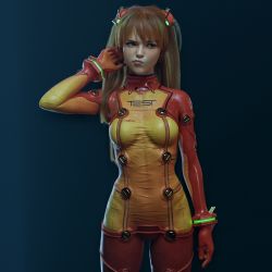 Rule 34 | 1girl, 3d, a-roll, absurdres, adjusting hair, bodysuit, breasts, brown hair, covered navel, cropped legs, evangelion: 2.0 you can (not) advance, highres, looking to the side, multicolored bodysuit, multicolored clothes, neon genesis evangelion, orange bodysuit, pilot suit, plugsuit, pout, realistic, rebuild of evangelion, red bodysuit, solo, souryuu asuka langley, test plugsuit, thigh gap