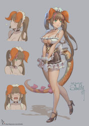 Rule 34 | 1girl, animal ears, bow, breasts, brown hair, character name, character sheet, choker, clothing cutout, cow ears, crying, expressions, facial expressions, frills, full body, gloves, green eyes, high heels, highres, horns, kakiman, large breasts, lizard tail, long hair, looking back, maid headdress, miniskirt, multicolored hair, open mouth, original, own hands together, pout, reptile girl, skirt, smug, standing, tail, tail bow, tail ornament, twintails, underboob cutout, v-shaped eyebrows, v arms, very long hair, walking, watermark, web address, white gloves