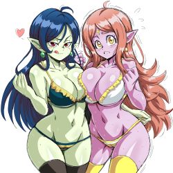 Rule 34 | 2girls, ahoge, black legwear, blue hair, blush, bra, breast press, breasts, cameltoe, chronoa, cleft of venus, colored skin, commission, commissioner upload, dragon ball, dragon ball heroes, earrings, green skin, highres, jewelry, large breasts, lewdamone, light brown hair, long hair, looking at viewer, multiple girls, panties, pink skin, pointy ears, red eyes, robelu, simple background, smile, standing, striped clothes, striped panties, supreme kai of time, symmetrical docking, thick thighs, thighs, tongue, tongue out, underwear, white background, white bra, yellow eyes