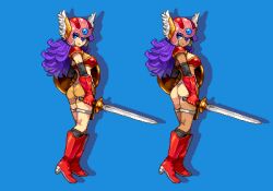 Rule 34 | 1girl, armor, ass, bikini armor, blue background, boots, breasts, brown shorts, dragon quest, dragon quest iii, full body, helmet, holding, holding shield, holding sword, holding weapon, large breasts, long hair, medium breasts, multiple views, pink helmet, pixel art, purple hair, red footwear, shield, shirosu, shorts, simple background, soldier (dq3), sword, weapon