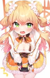 Rule 34 | 1girl, blonde hair, blush, breasts, cleavage, cleavage cutout, clothing cutout, commentary request, controller, double bun, fang, flower, game controller, gradient hair, green eyes, hair between eyes, hair bun, hair flower, hair ornament, highres, holding, hololive, jacket, light brown hair, long hair, looking at viewer, medium breasts, momosuzu nene, multicolored hair, open clothes, open jacket, open mouth, shirt, skirt, solo, tears, tousaki shiina, two side up, v-shaped eyebrows, very long hair, virtual youtuber, wavy mouth, white background, white flower, white jacket, white shirt, yellow skirt