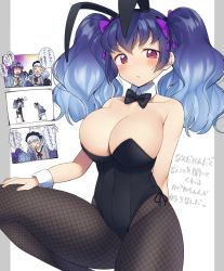 Rule 34 | 2girls, animal ears, bare shoulders, black bow, black bowtie, black legwear, black leotard, blue hair, blush, bow, bowtie, breasts, character request, cleavage, closed mouth, collarbone, copyright request, fake animal ears, fishnet legwear, fishnets, gradient hair, hair bow, hairband, hand on own thigh, highres, large breasts, leotard, looking at viewer, medium hair, mukuba, multicolored hair, multiple girls, pantyhose, pink eyes, playboy bunny, purple bow, short twintails, translation request, twintails, undersized clothes, wrist cuffs