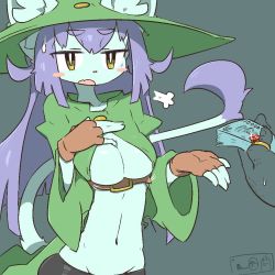 Rule 34 | 1girl, cat, female focus, furry, furry female, green background, hat, navel, no bra, open mouth, purple hair, simple background, solo, the amboina, witch hat, yellow eyes