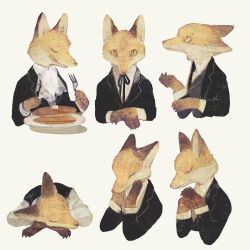 Rule 34 | animal, animal focus, black jacket, black ribbon, blazer, buttons, claws, closed eyes, clothed animal, collared jacket, collared shirt, collared vest, eating, food, fork, fox, grey vest, hand on hand, handkerchief, hands on own cheeks, hands on own face, head on arm, high collar, highres, holding, holding fork, holding knife, jacket, knife, lapels, licking lips, multiple views, neck ribbon, no humans, notched lapels, original, outstretched hand, pancake, plate, ribbon, shadow, shirt, simple background, sleeping, straight-on, tongue, tongue out, tono (rt0no), vest, white background, white shirt