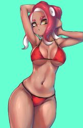 Rule 34 | 1girl, armpits, arms behind head, arms up, bad id, bad pixiv id, bikini, blush, breasts, commentary, covered erect nipples, cowboy shot, dark-skinned female, dark skin, dutch angle, green background, guchi (tako undead), half-closed eyes, head tilt, highres, looking at viewer, medium breasts, medium hair, navel, nintendo, octoling, octoling girl, octoling player character, parted lips, pointy ears, red bikini, red hair, simple background, solo, splatoon (series), splatoon 2, standing, string bikini, suction cups, swimsuit, tentacle hair, yellow eyes