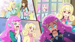Rule 34 | 1boy, 2girls, :d, ;o, aikatsu! (series), aikatsu stars!, alternate costume, bag, blazer, blonde hair, blue bow, blue dress, blue eyes, blue jacket, blue neckwear, blue sailor collar, bow, bowtie, briefcase, brown hair, brown jacket, checkered hairband, cherry blossoms, closed mouth, collared shirt, commentary request, cosplay, crossdressing, crossover, crying, crying with eyes open, curly hair, curtains, day, dress, fins, from side, green eyes, green jacket, hair bow, hair intakes, hair ornament, hair over shoulder, hairband, half-closed eyes, hand to own mouth, happy, head fins, heart, heart hair ornament, heart print, highres, hinata yume, holding, holding phone, indoors, jacket, laura (precure), long hair, long sleeves, looking at another, mewkledreamy, minamikawa asahi, multicolored clothes, multicolored jacket, multiple girls, multiple views, name connection, necktie, nijino yume, nijino yume (cosplay), one eye closed, open clothes, open jacket, open mouth, outdoors, own hands together, parody, pearl hair ornament, phone, pink eyes, pink hair, pink shirt, precure, purple hairband, purple jacket, raised eyebrows, rin takanashi glacies, sad, sailor collar, sakuraba rola, sakuraba rola (cosplay), scene reference, school bag, school briefcase, school uniform, shirt, short dress, shoulder bag, sideways mouth, sleepy, sleeves pushed up, smile, smug, star (symbol), star in eye, symbol in eye, tearing up, tears, thick eyebrows, trap, tree, tropical-rouge! precure, uneven eyes, upper body, v-shaped eyebrows, wavy mouth, window, yawning, yellow jacket, yotsuboshi academy school uniform