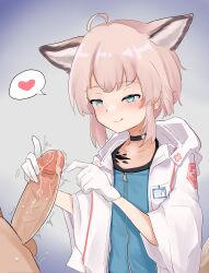Rule 34 | 1boy, 1girl, :q, absurdres, after handjob, ahoge, animal ears, arknights, blue eyes, blue vest, blush, closed mouth, coat, collarbone, commentary, cum, english commentary, extra ears, flat chest, fox ears, fox girl, gloved handjob, gloves, handjob, heart, heart-shaped pupils, hetero, highres, hood, hood down, hooded coat, material growth, oripathy lesion (arknights), penis, pink hair, short hair, speech bubble, spoken heart, sussurro (arknights), symbol-shaped pupils, tongue, tongue out, twitching penis, uncensored, variant set, vest, white coat, white gloves, wuoo48763