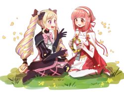 Rule 34 | 2girls, black bow, black gloves, blonde hair, bow, ddomy pangin, dress, earrings, elise (fire emblem), fire emblem, fire emblem fates, gloves, grass, hair bow, hairband, highres, jewelry, long hair, multicolored hair, multiple girls, nintendo, open mouth, petals, pink bow, pink hair, purple eyes, purple hair, sakura (fire emblem), short hair, sitting, twintails, wreath
