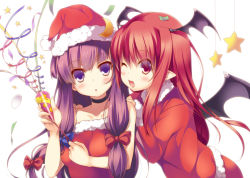 Rule 34 | 2girls, :o, ;d, alternate costume, bare shoulders, blush, christmas, collarbone, confetti, crescent, female focus, hat, head wings, holding, koakuma, long hair, looking at viewer, multiple girls, one eye closed, open mouth, party popper, patchouli knowledge, pointy ears, purple eyes, purple hair, red eyes, red hair, santa costume, santa hat, smile, star (symbol), touhou, wings, wink, yanagi yuu