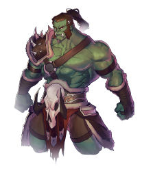 Rule 34 | 1boy, abs, absurdres, animal skull, armor, bad id, bad tumblr id, bara, bare pectorals, brown hair, brown shorts, chest harness, colored skin, cropped legs, facial hair, frown, geulim (m0m030m), goatee, green skin, harness, highres, large pectorals, leather, looking at viewer, male focus, mature male, monster boy, muscular, muscular male, mutton chops, no nipples, o-ring, o-ring top, orc, original, pauldrons, pectorals, pelvic curtain, pointy ears, short hair, shorts, shoulder armor, sideburns, single pauldron, solo, thick eyebrows, thick thighs, thighs, tusks, vambraces