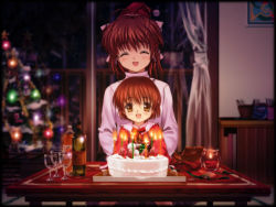 Rule 34 | 00s, 2girls, age difference, alcohol, black border, blurry, border, bottle, cake, candle, champagne, christmas, christmas ornaments, christmas stocking, christmas tree, clannad, cup, depth of field, drinking glass, closed eyes, food, furukawa nagisa, chalice, indoors, key (company), mother and daughter, multiple girls, mutsuki (moonknives), okazaki ushio, open mouth, orange soda, pastry, smile, snowman, wine glass