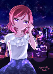 Rule 34 | 1girl, absurdres, artist name, artist request, blush, bracelet, breasts, city, city lights, cloud, collarbone, dress, earrings, female focus, flower earrings, flower print, frilled dress, frills, hair between eyes, highres, jewelry, looking at viewer, love live!, love live! school idol festival, love live! school idol festival all stars, love live! school idol project, necklace, night, night sky, nishikino maki, outdoors, parted lips, pearl bracelet, pearl necklace, playing with own hair, purple eyes, purple skirt, red hair, short hair, skirt, sky, small breasts, smile, solo, star (sky), teeth, wavy hair, white dress