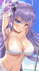Rule 34 | 1girl, ahoge, alternate breast size, armpits, arms behind head, arms up, azur lane, bare shoulders, bikini, blue eyes, blurry, breasts, cleavage, collarbone, depth of field, flower, front-tie bikini top, front-tie top, hair ornament, halterneck, highres, large breasts, long hair, looking at viewer, navel, one side up, outdoors, parted lips, purple flower, purple hair, revision, sarong, shenqi (toid310), solo, stomach, string bikini, swimsuit, unicorn (azur lane), very long hair, white bikini, wisteria
