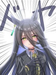 Rule 34 | 1girl, absurdres, ahoge, animal ears, black choker, black gloves, black jacket, buckwheat638478, choker, collared shirt, commentary request, earrings, emphasis lines, gloves, hair between eyes, highres, horse ears, horse girl, jacket, jewelry, long hair, looking at viewer, manhattan cafe (umamusume), multicolored hair, necktie, open clothes, open jacket, pursed lips, shirt, simple background, single earring, solo, streaked hair, umamusume, upper body, white background, white hair, yellow eyes, yellow necktie
